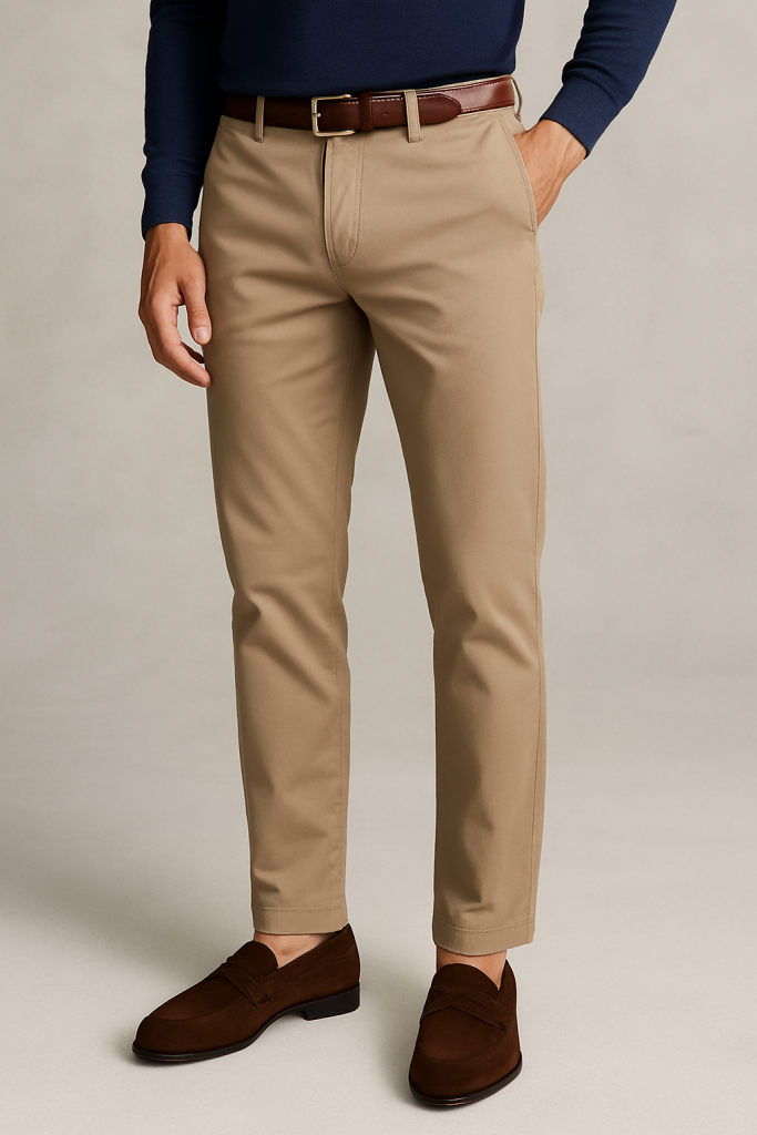 Mocasines café con pantalones chinos