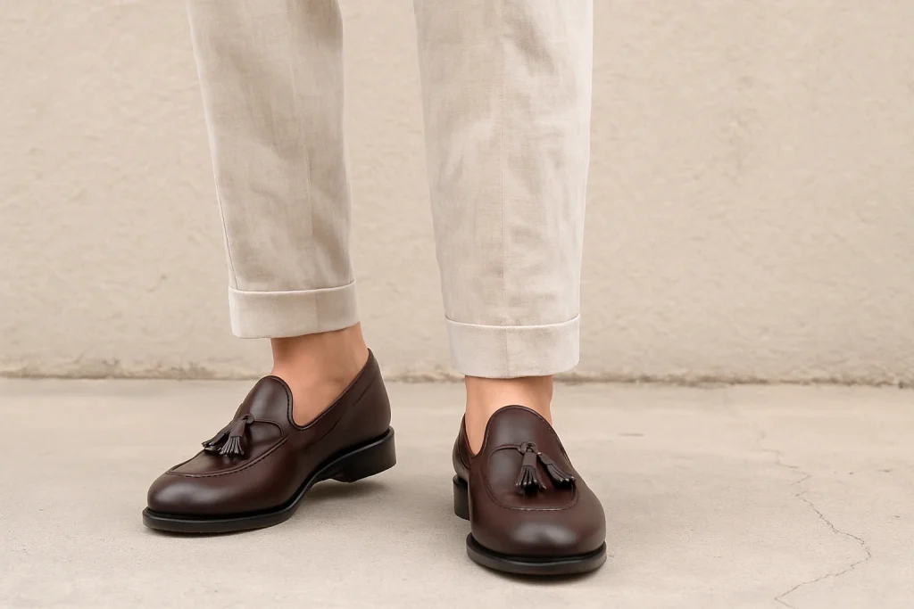 Zapatos castellanos y pantalones de lino